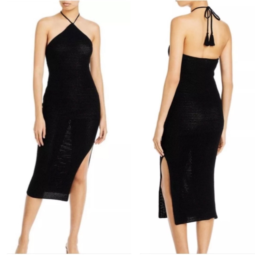 Aqua Halter Crochet Dress off back MEDIUM black beach summer resortwear